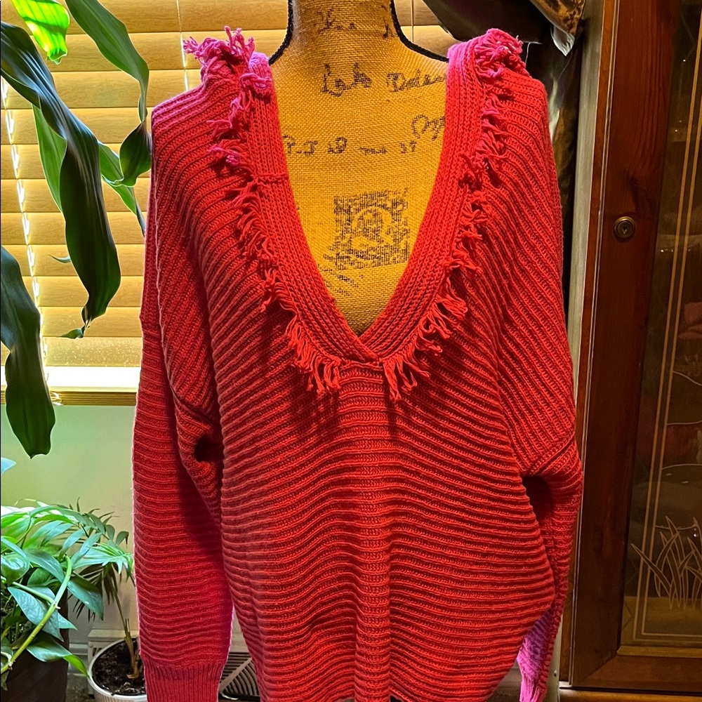 SOLD BiBi V-Neck Sweater with Fringe in Bold berry pink